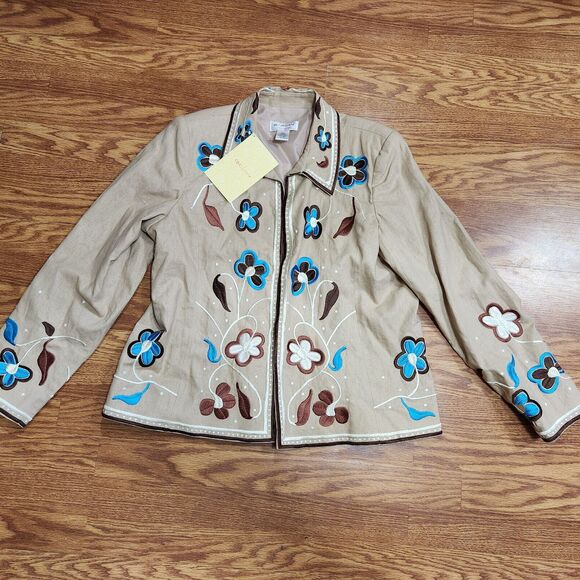 Jackets & Blazers - Victor Costa Blazer Womens Size XL Embroidery Floral Blue White Brown NEW